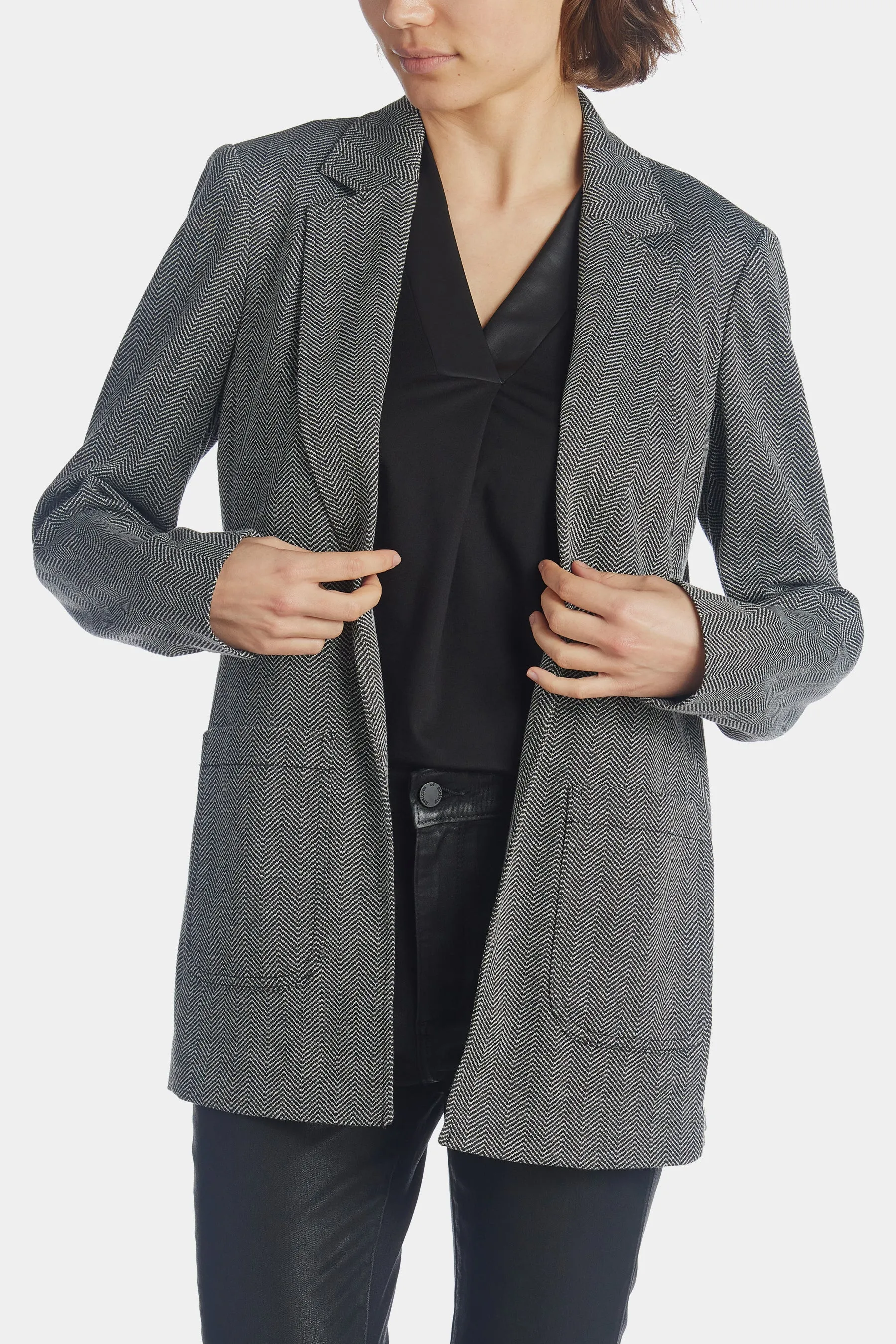 Herringbone Notch Collar Open Front Jacket