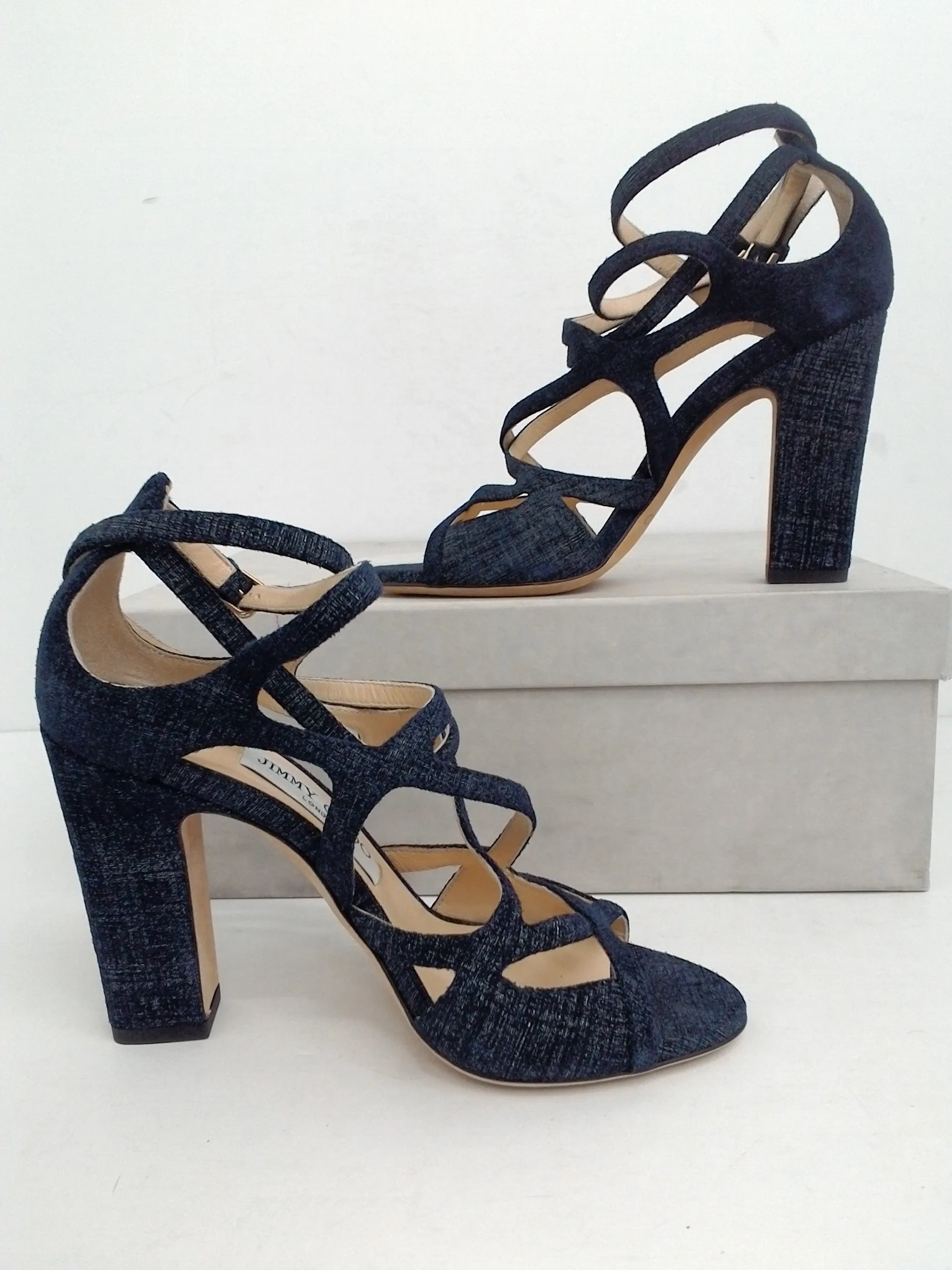 Jimmy Choo Women's Dillan Denim Light Indigo Heeled Sandal Size 35.5