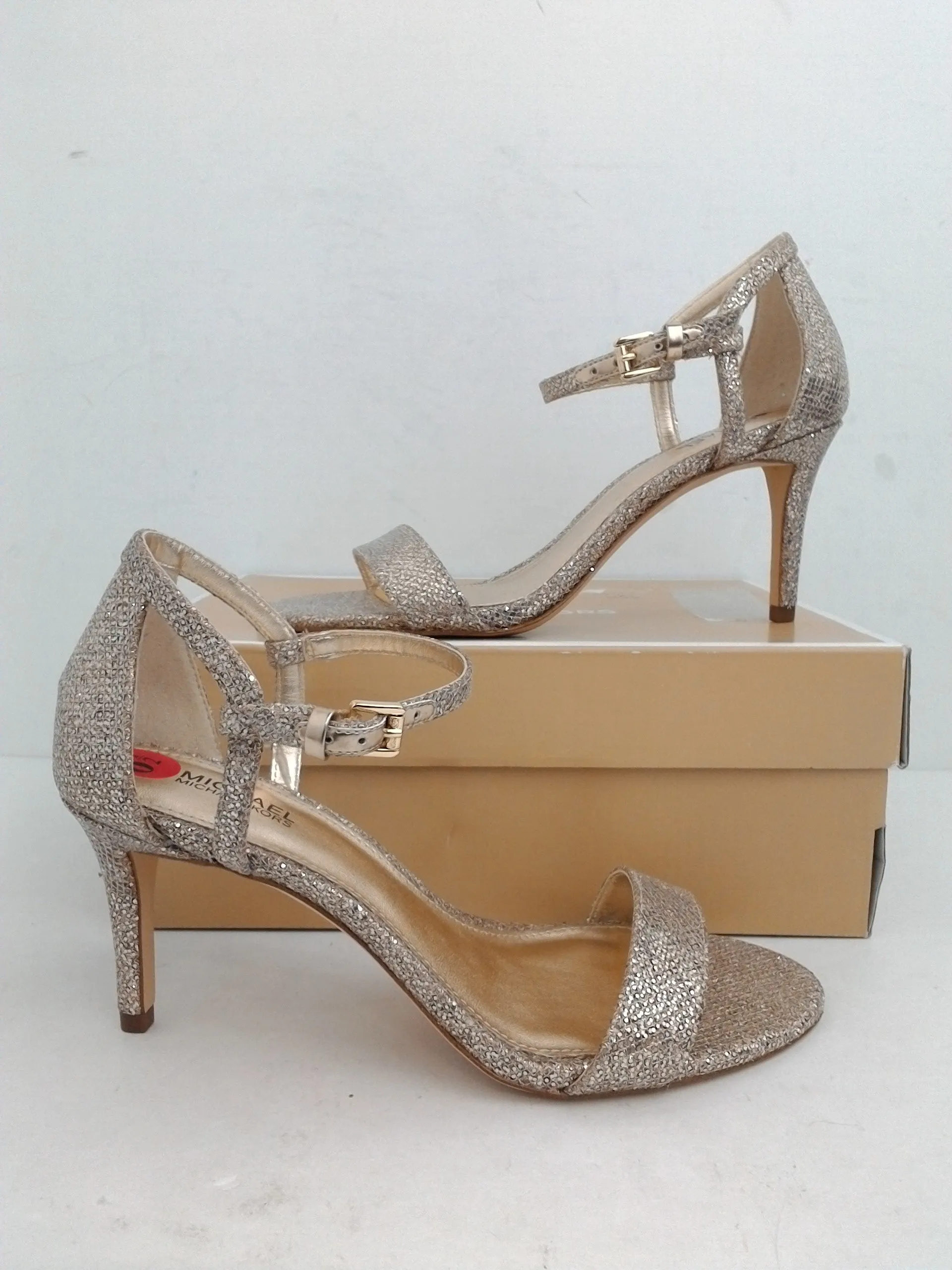 Michael Kors Women's Simone Mid Sandal Glitter Silver Sand Size 6.5 M