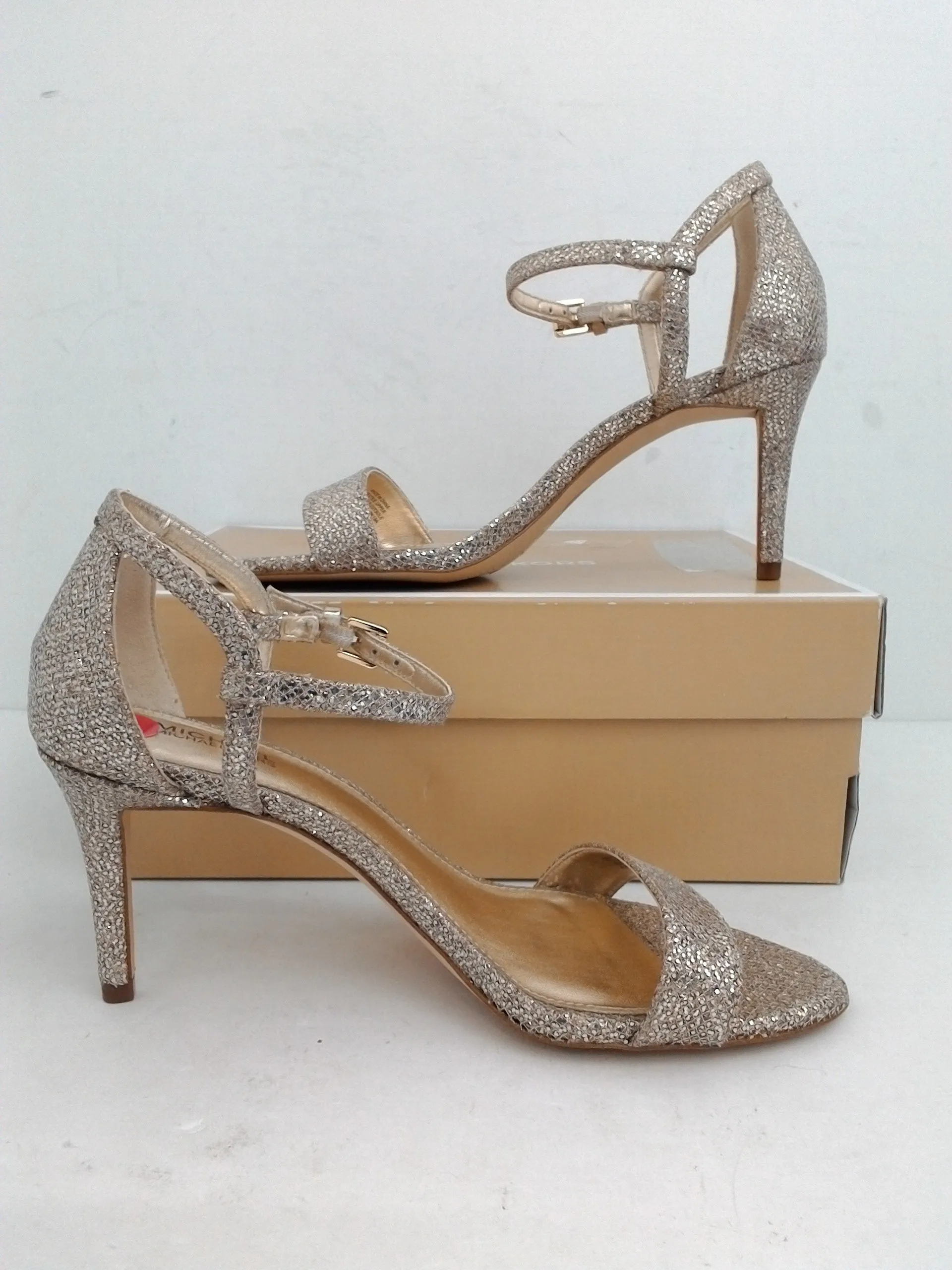 Michael Kors Women's Simone Mid Sandal Glitter Silver Sand Size 6.5 M