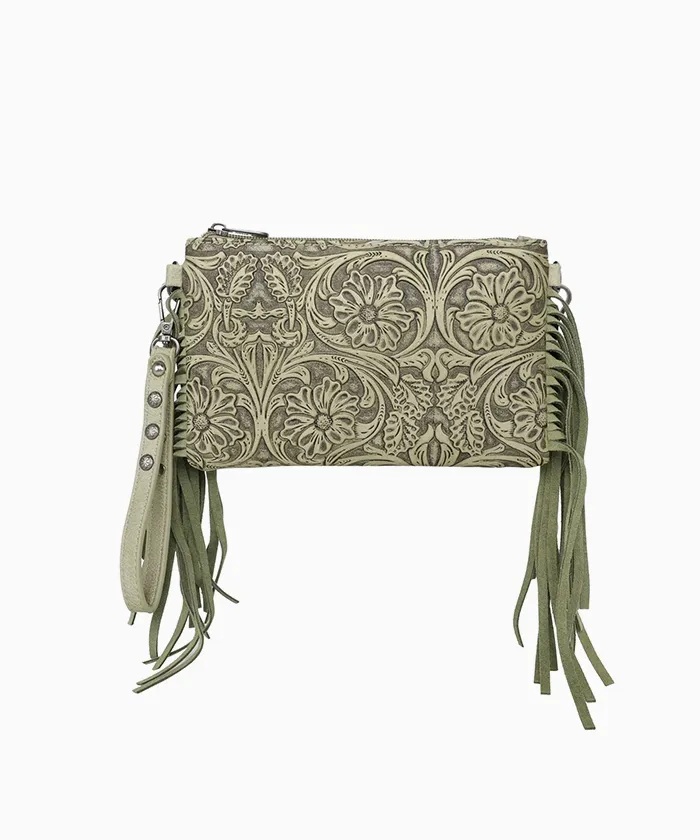 Montana West Floral Embossed Fringe Crossbody Clutch