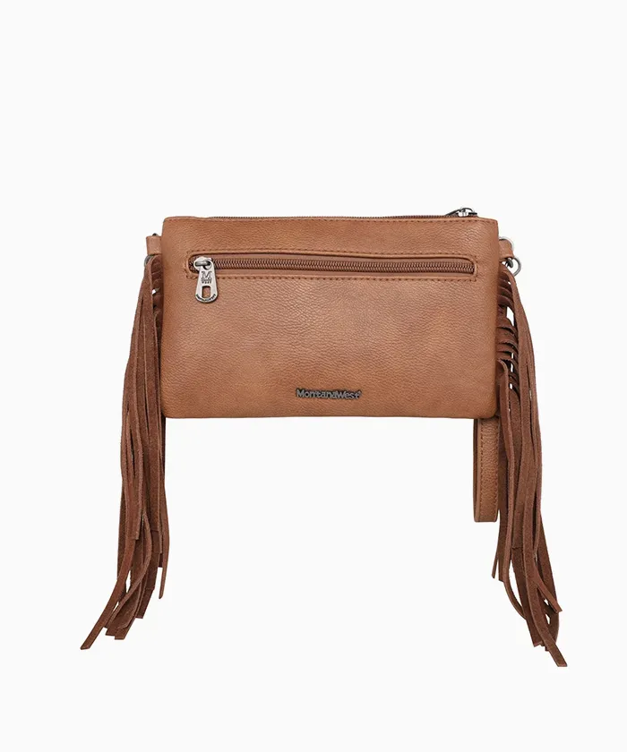 Montana West Floral Embossed Fringe Crossbody Clutch