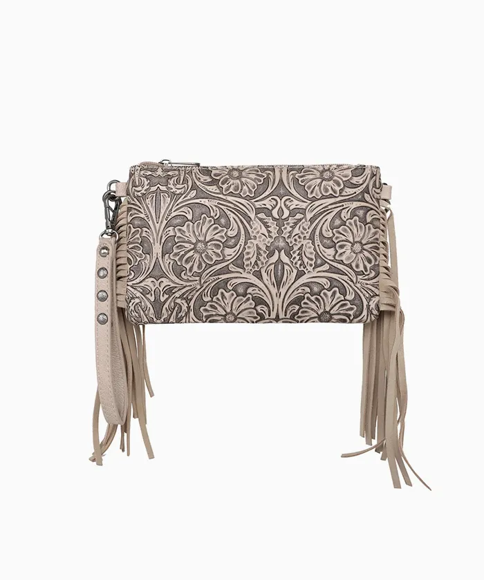 Montana West Floral Embossed Fringe Crossbody Clutch