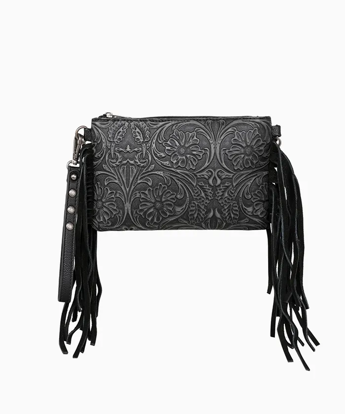 Montana West Floral Embossed Fringe Crossbody Clutch