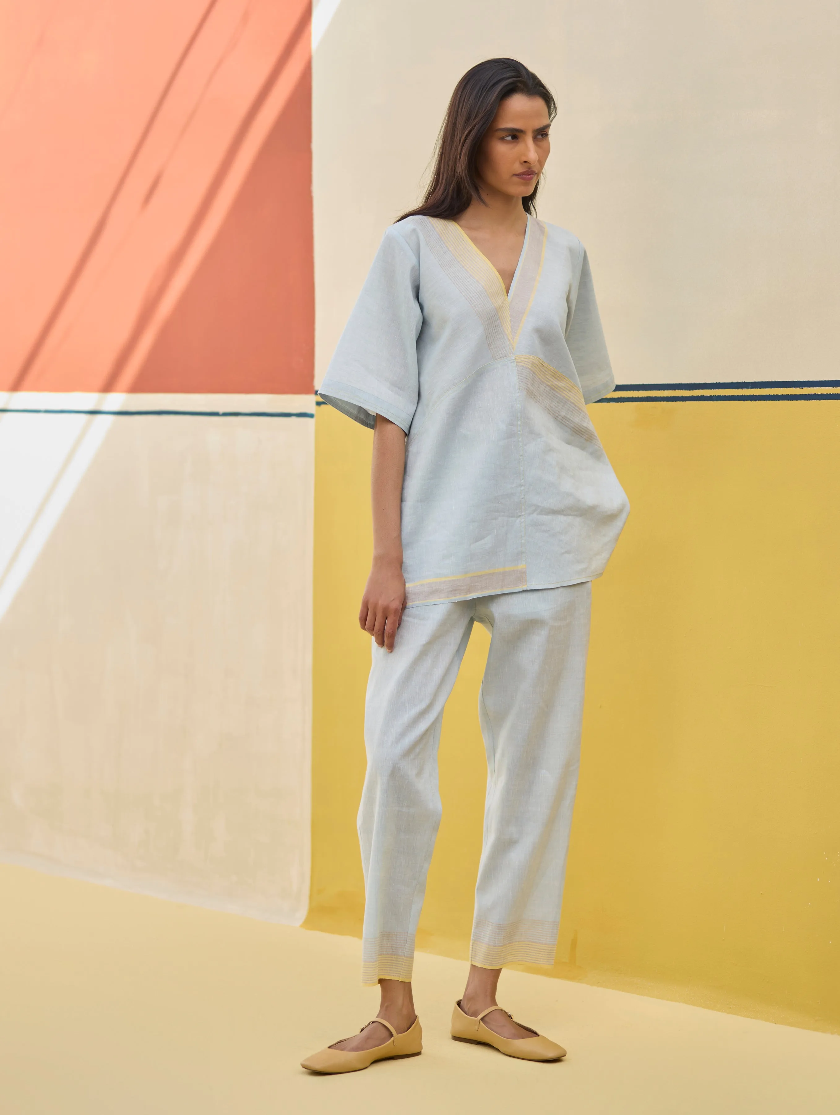 Moriko Border Linen Co-ord Set - Sky