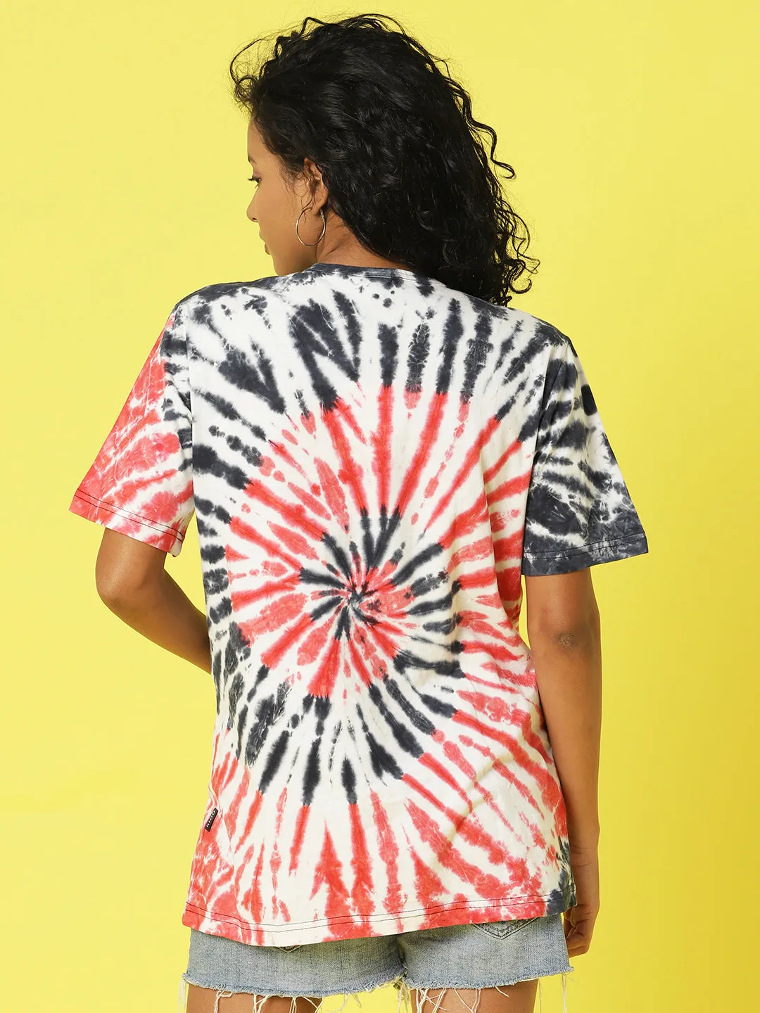 Navy Red Tie & Dye Typographic Printed Oversized T-Shirt