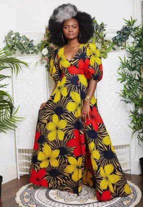 New In African Print Maxi Dress with Puff Sleeves- Imman