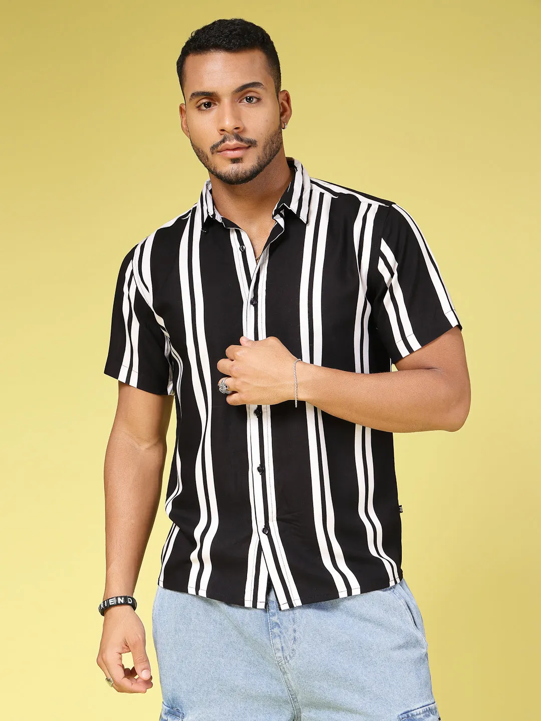 Rayon Striped Half Sleeves Cutaway Collar Shirt