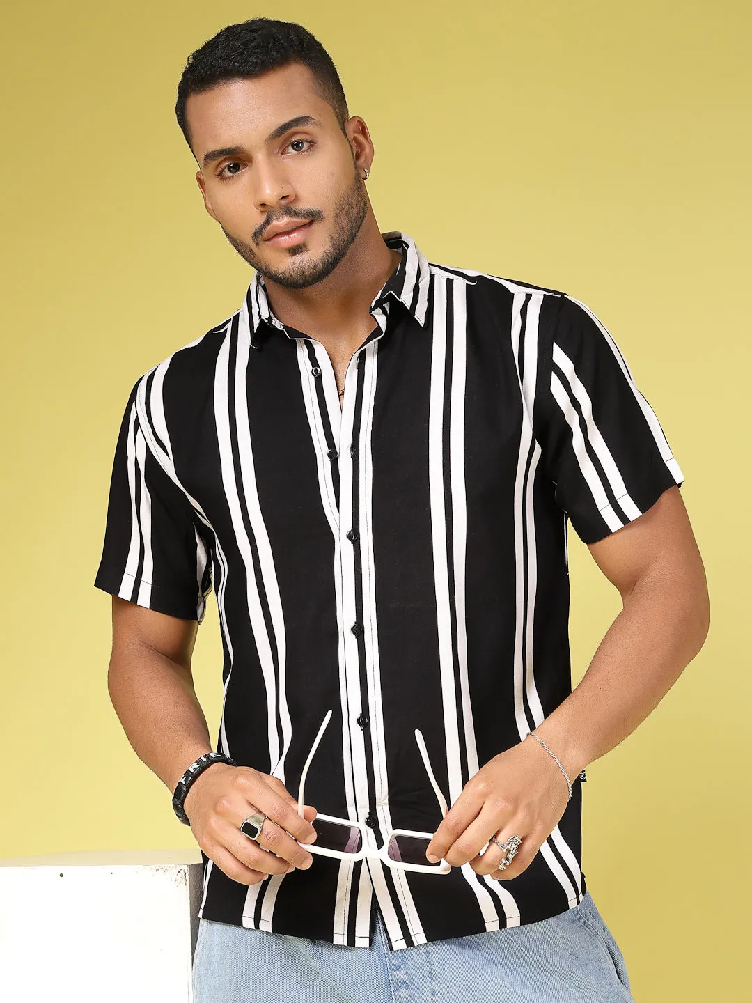 Rayon Striped Half Sleeves Cutaway Collar Shirt