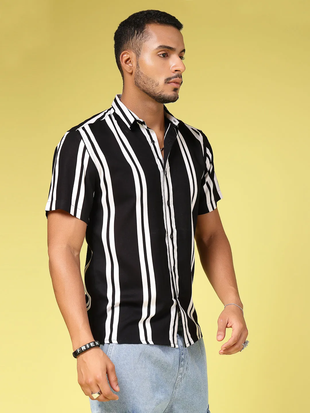 Rayon Striped Half Sleeves Cutaway Collar Shirt