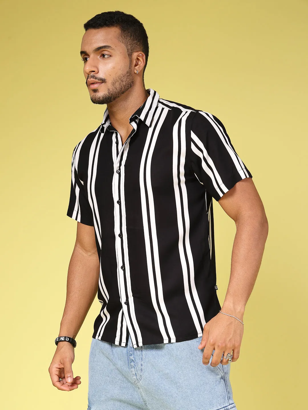 Rayon Striped Half Sleeves Cutaway Collar Shirt