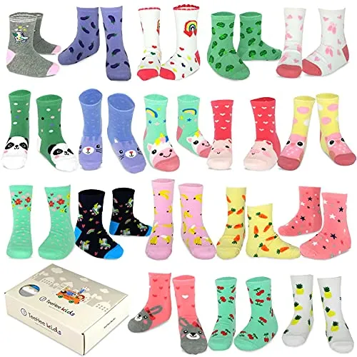 TeeHee Little Girls and Toddler Cute Novelty and Fashion Cotton Crew Socks 18 Pair Pack Gift Box (K202567)