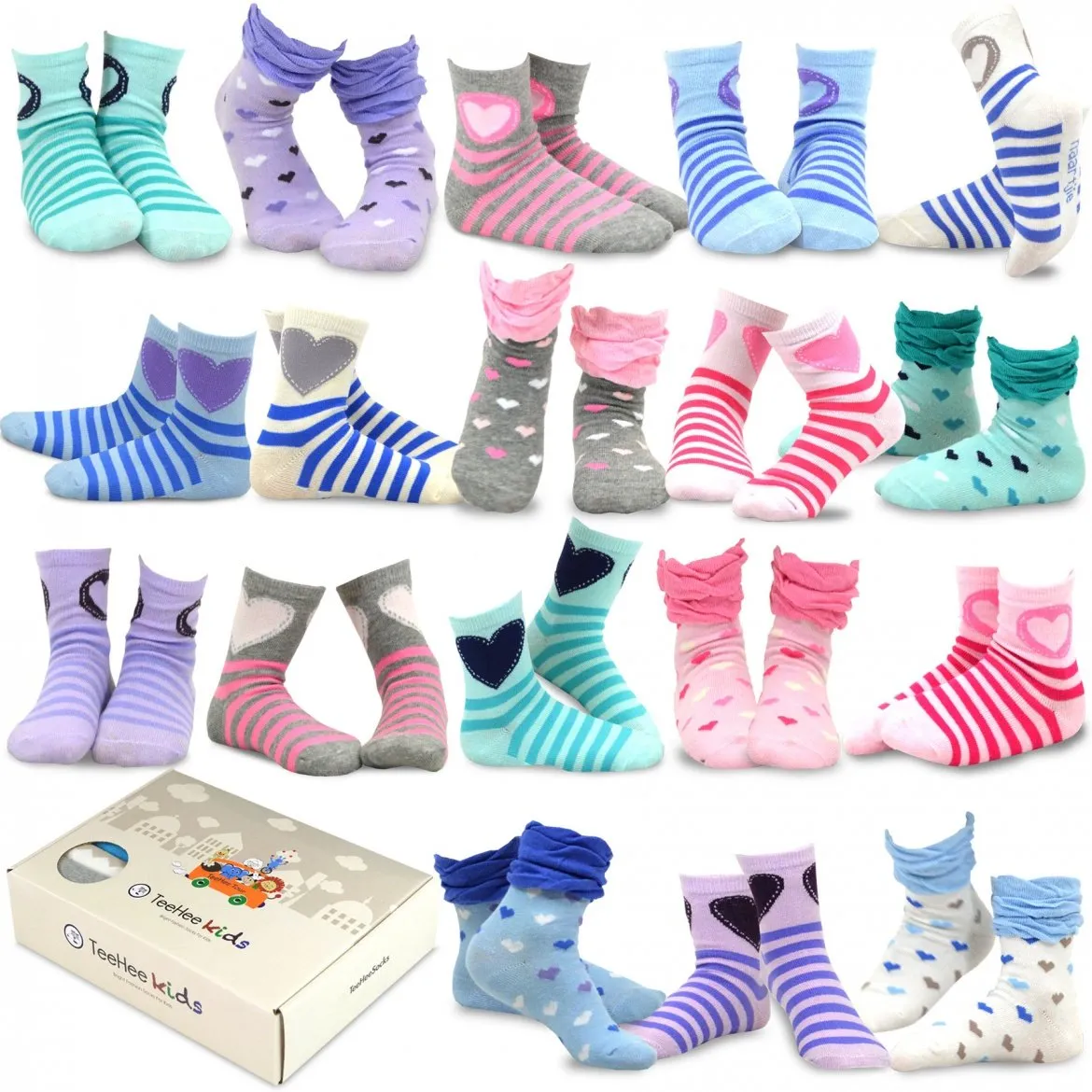 TeeHee Socks Kid's Casual Cotton Short Crew Heart/Stripe/Ruffle 18-Pack Gift Box (70952)