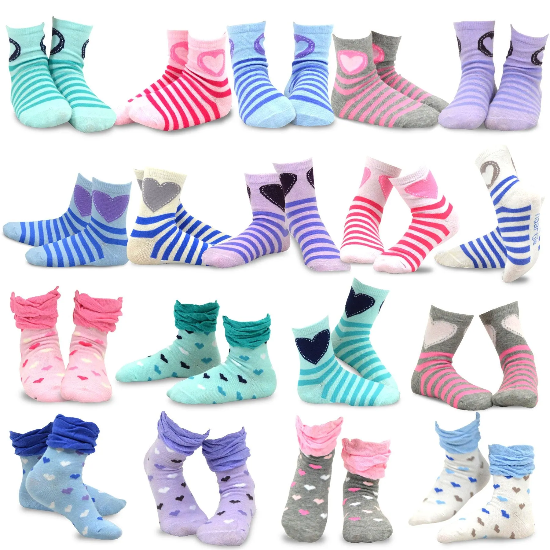 TeeHee Socks Kid's Casual Cotton Short Crew Heart/Stripe/Ruffle 18-Pack Gift Box (70952)