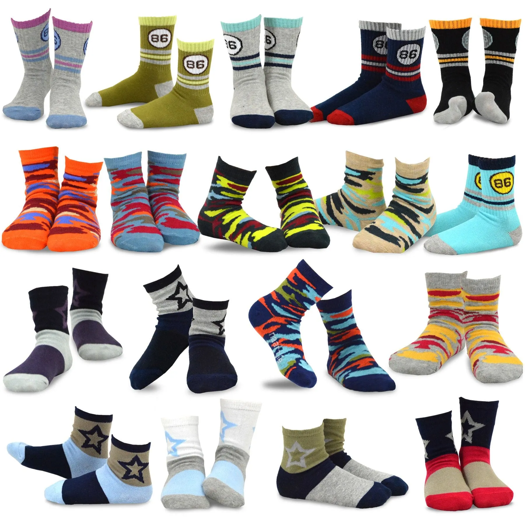 TeeHee Socks Kid's Casual Cotton Short Crew Stars and Camo 18-Pack Gift Box (70949)