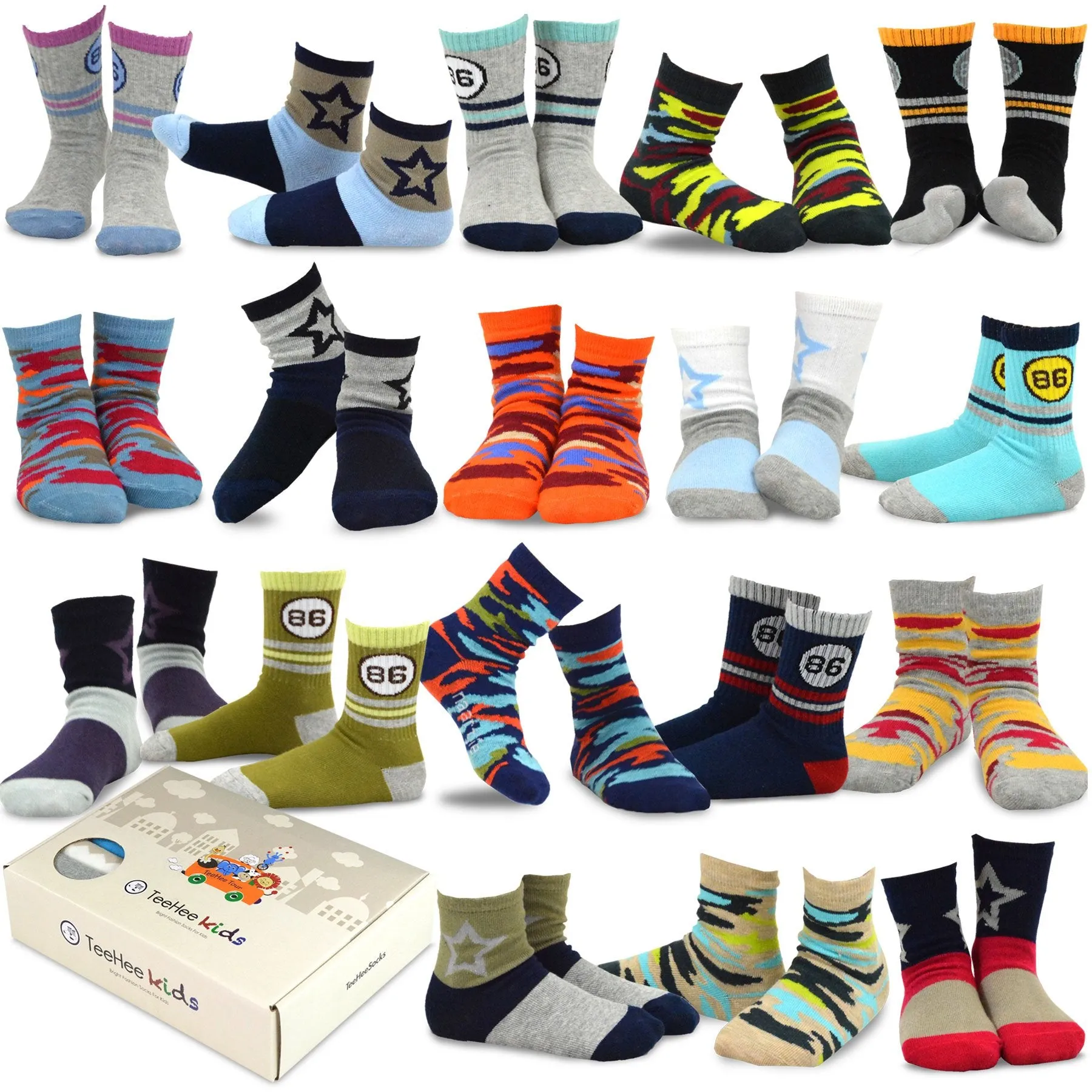 TeeHee Socks Kid's Casual Cotton Short Crew Stars and Camo 18-Pack Gift Box (70949)