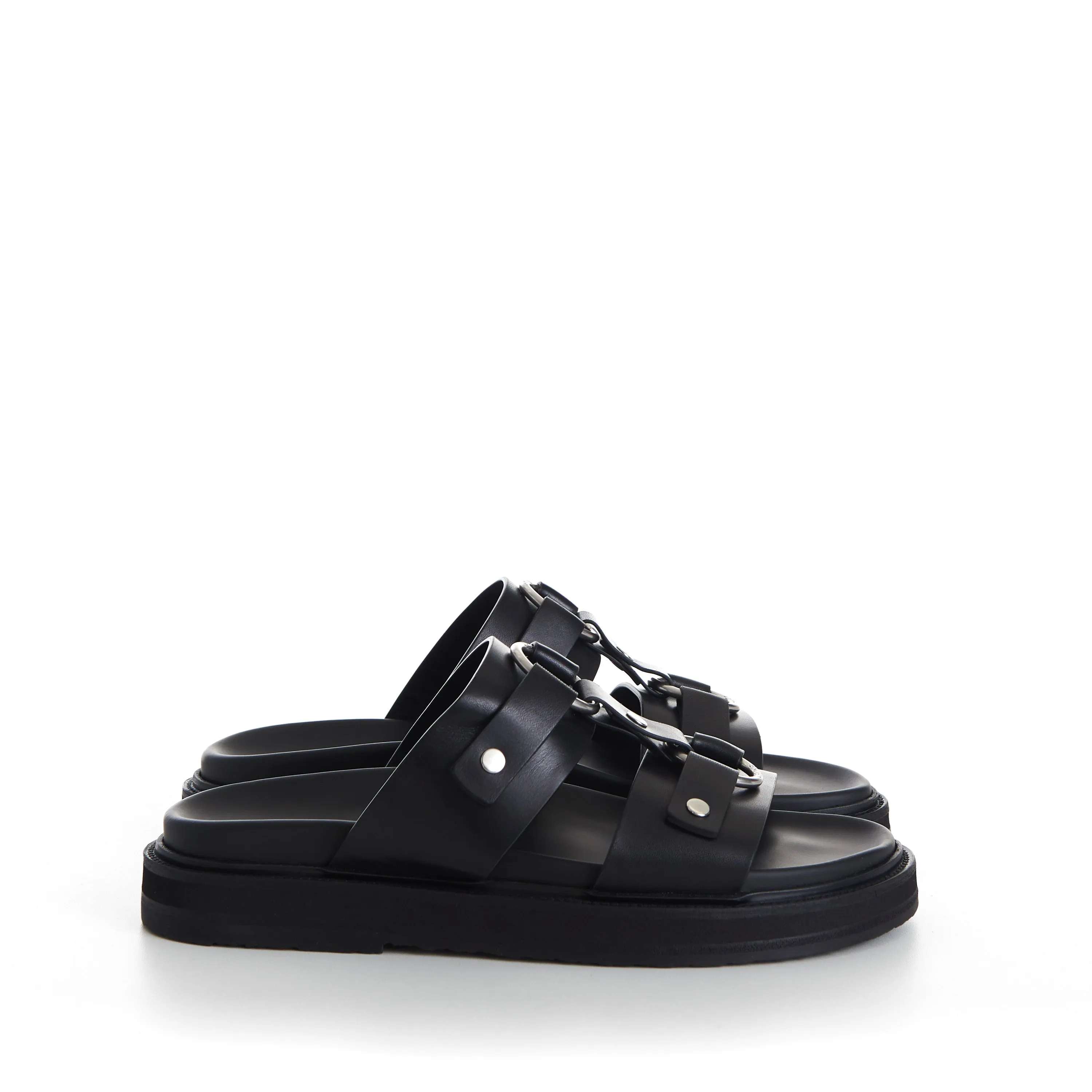 TIPPI Slide Sandals - Black Leather, Metal Ring/Studs