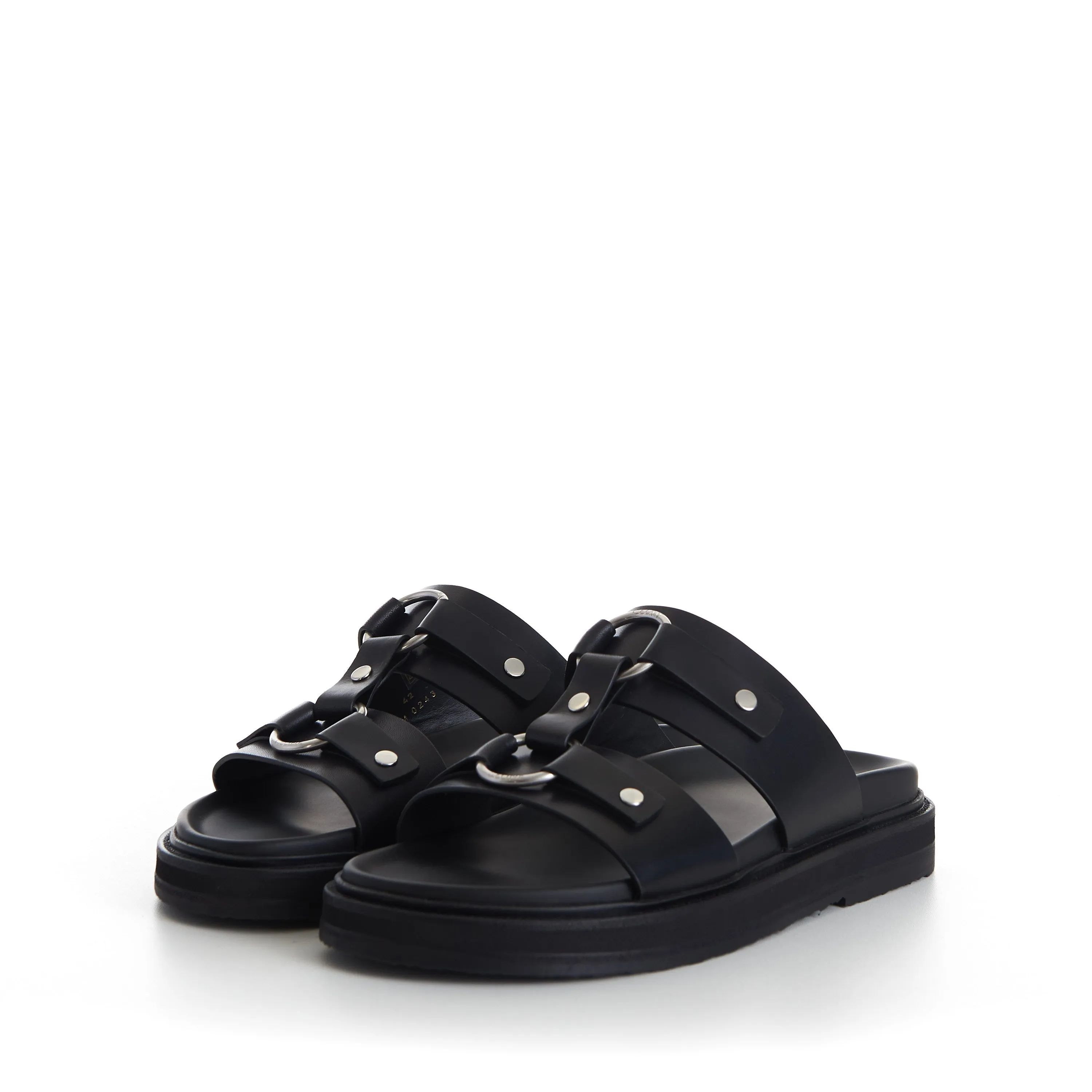 TIPPI Slide Sandals - Black Leather, Metal Ring/Studs