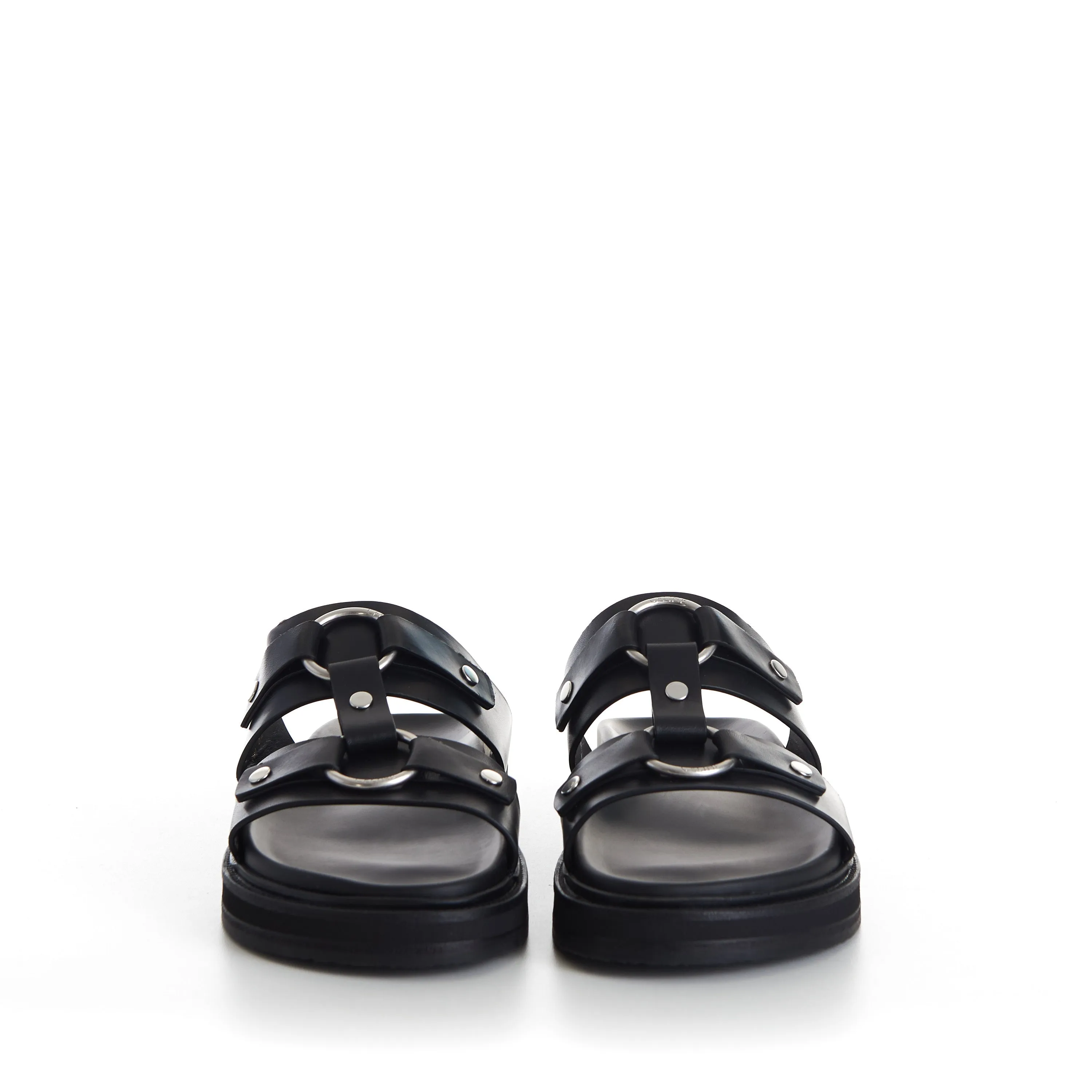 TIPPI Slide Sandals - Black Leather, Metal Ring/Studs