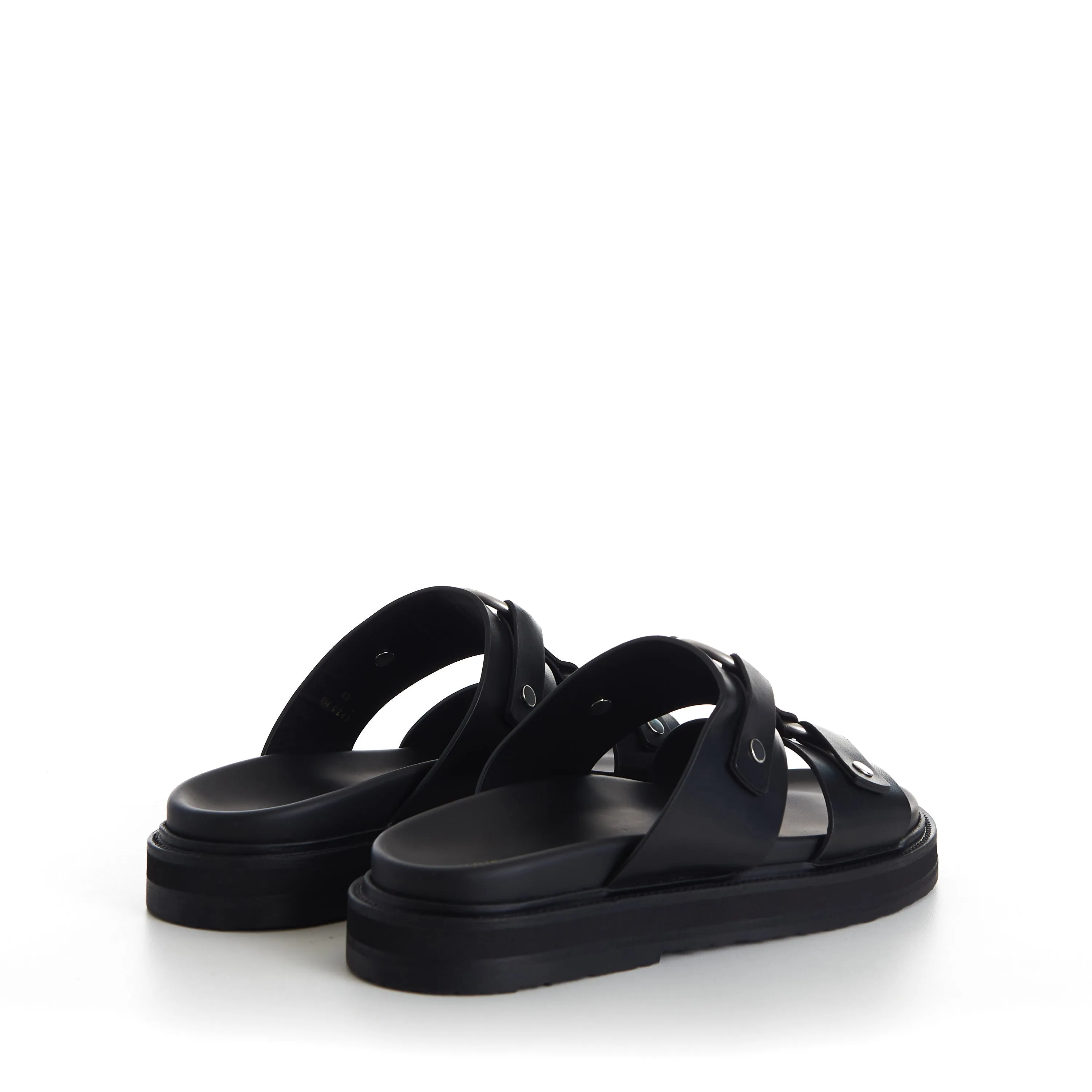 TIPPI Slide Sandals - Black Leather, Metal Ring/Studs