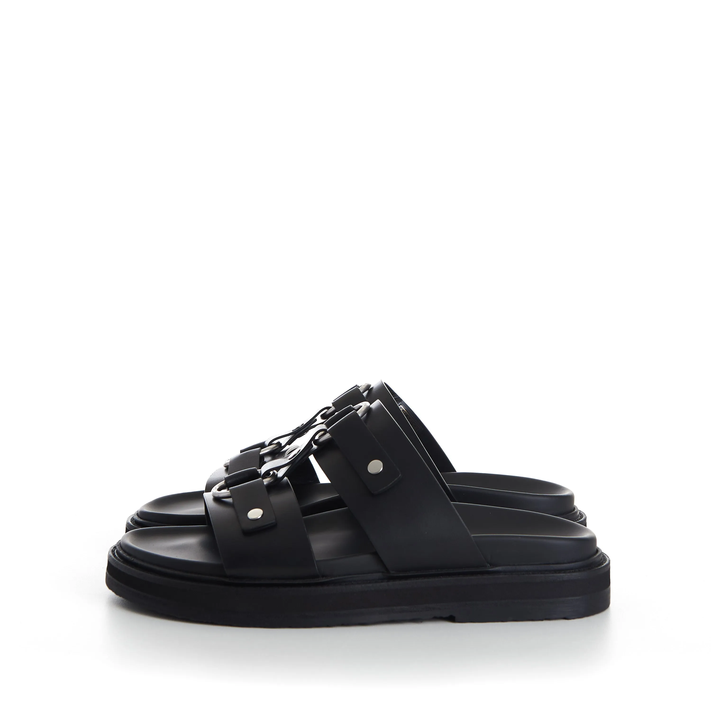 TIPPI Slide Sandals - Black Leather, Metal Ring/Studs