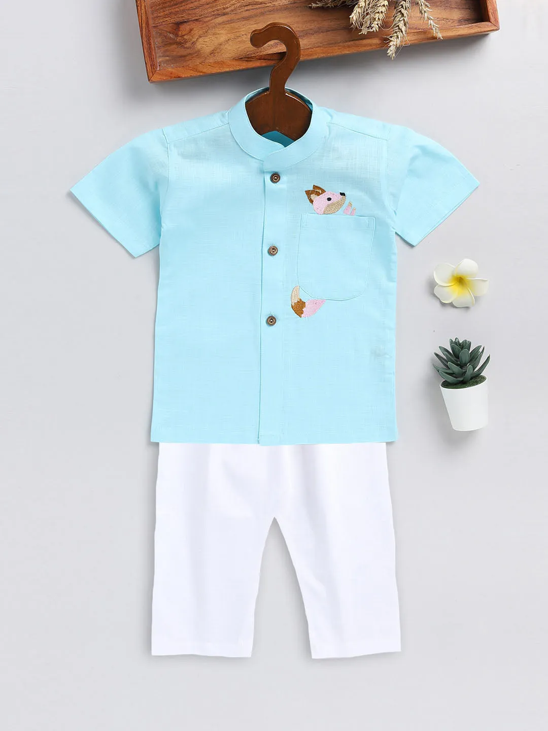 VASTRAMAY Boy's Aqua Blue and White Embroidered Cotton Kurta Pyjama Set