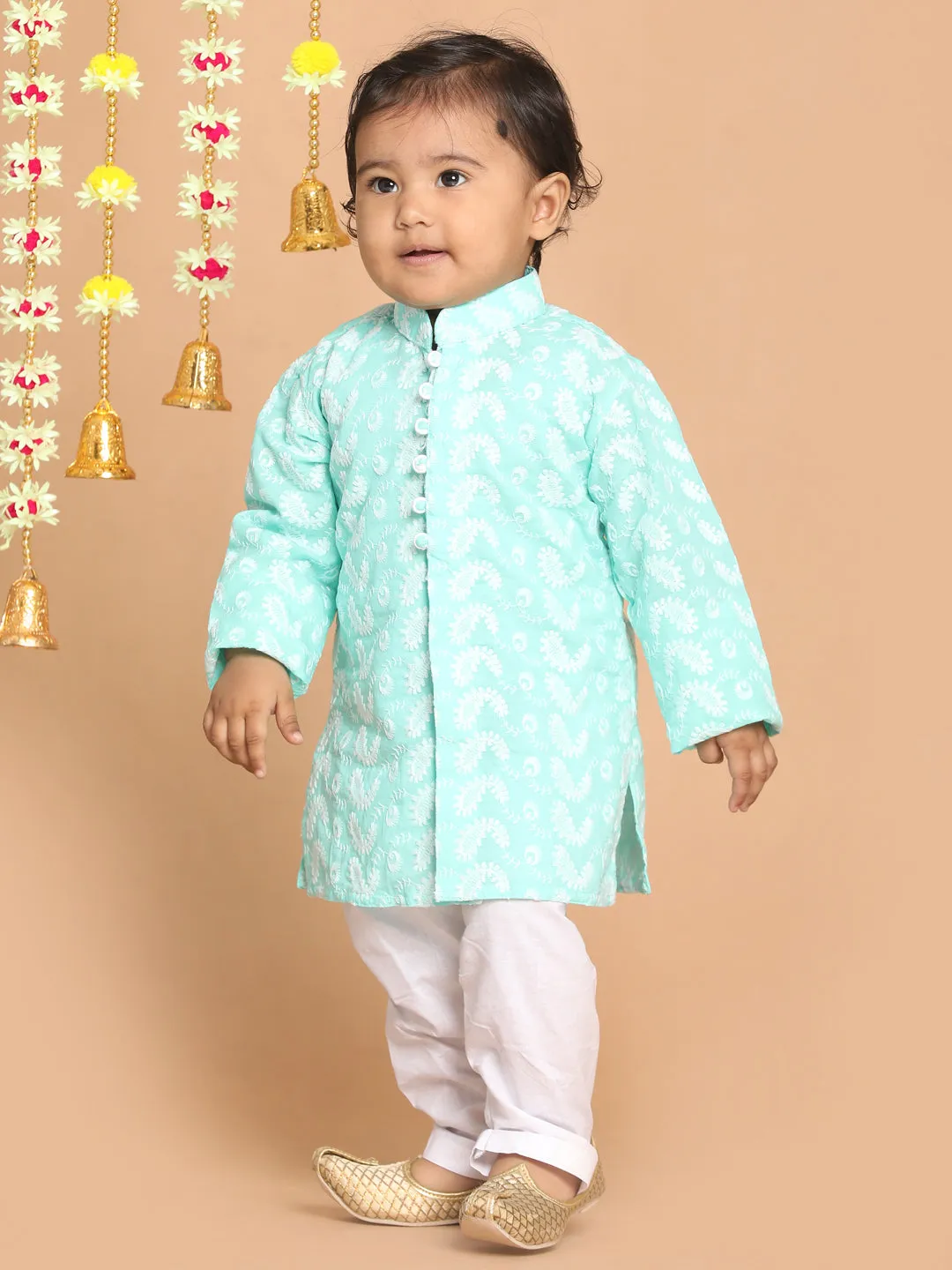 VASTRAMAY Boy's Green Chikankari Pure Cotton Kurta