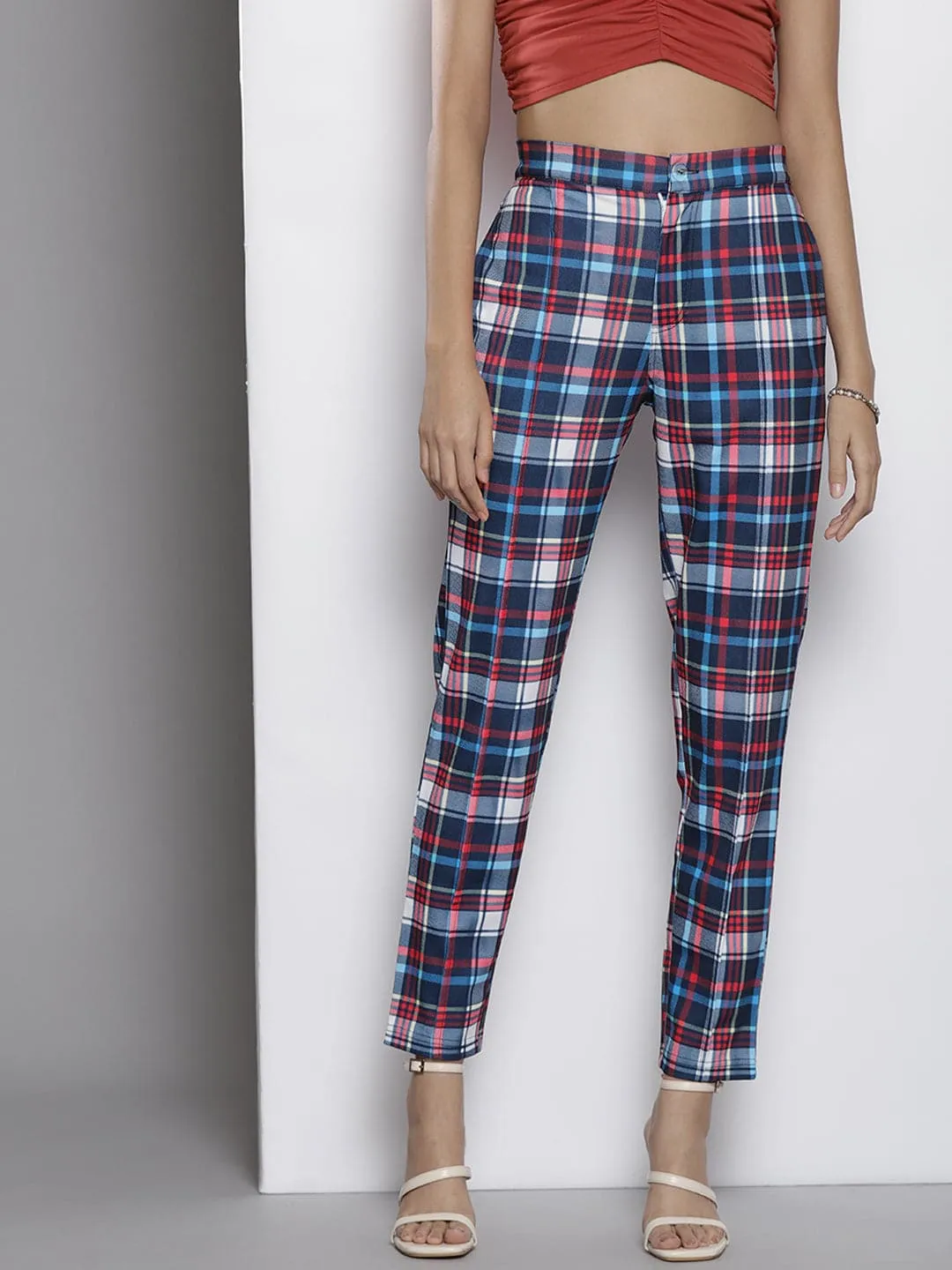 Women Blue Check Knit Tapered Pants