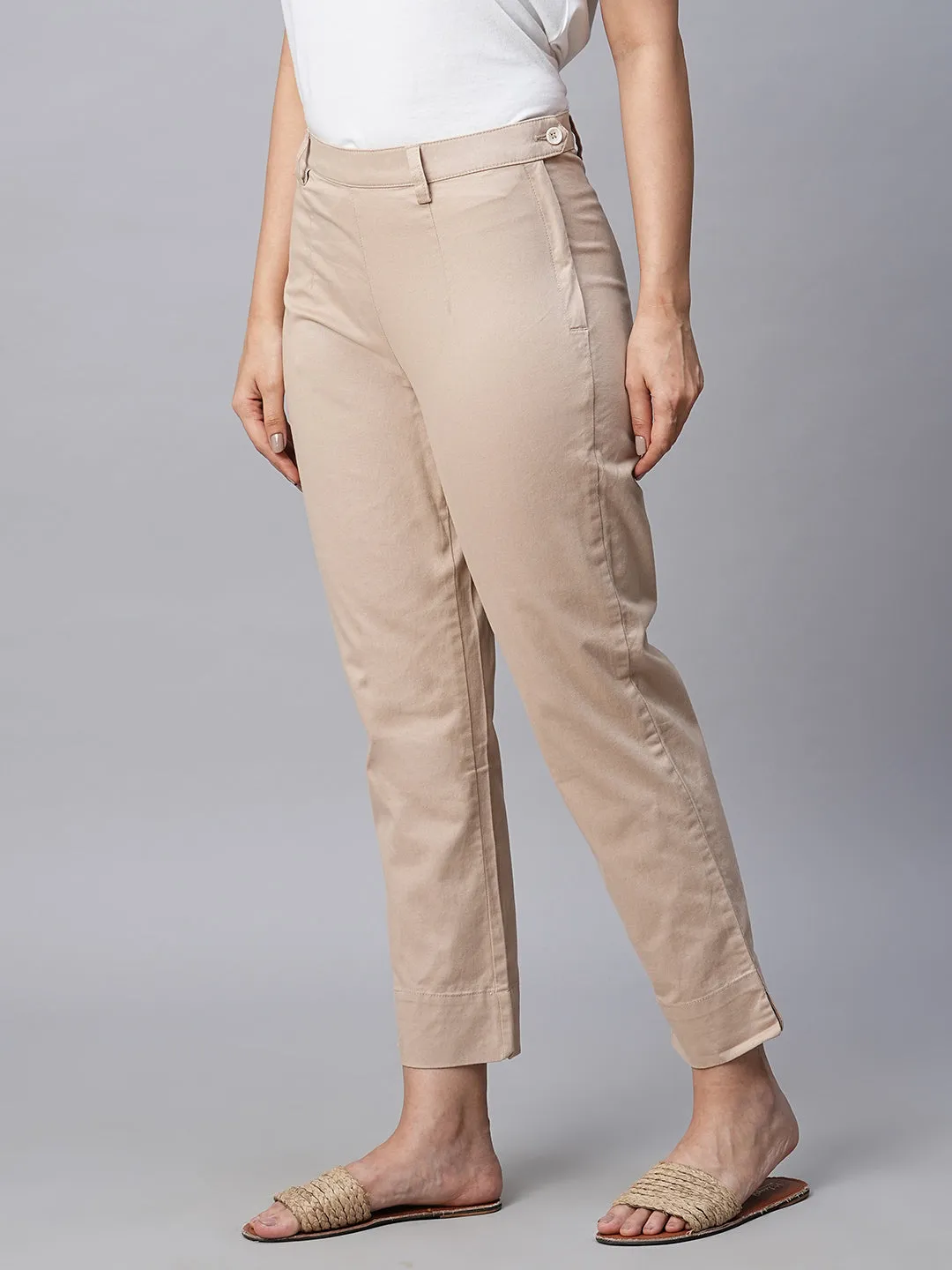 Women's Beige Cotton Lycra Regular Fit Pant