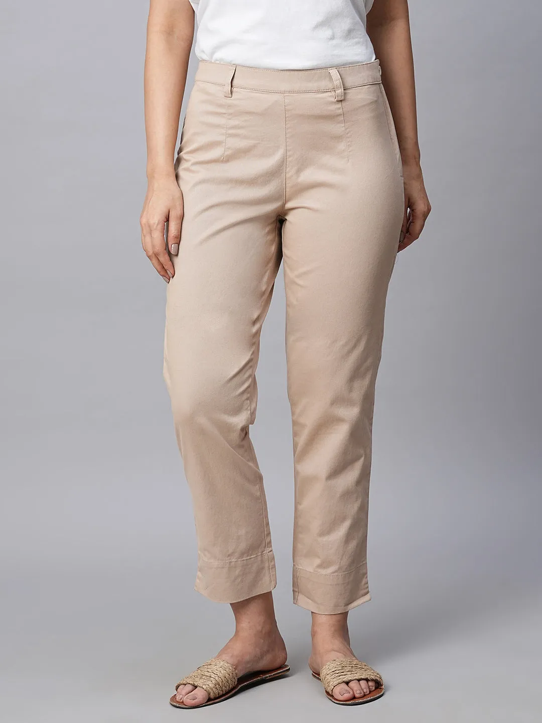 Women's Beige Cotton Lycra Regular Fit Pant