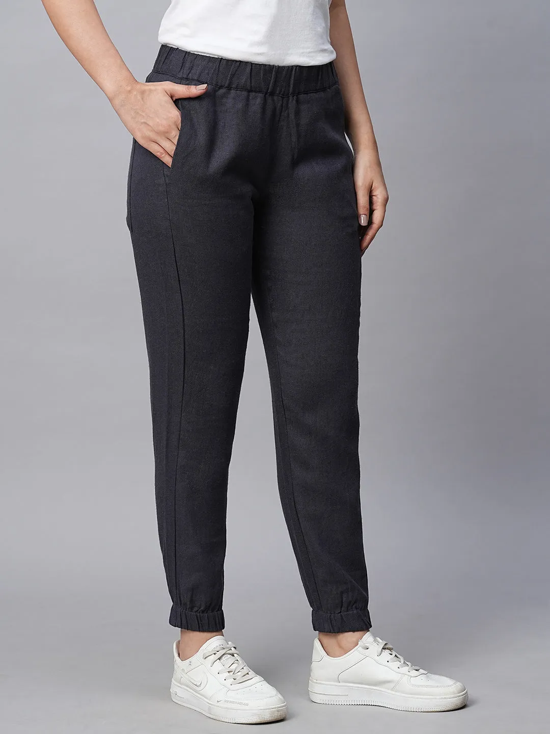 Women's Navy Linen Viscose Jogger Pant