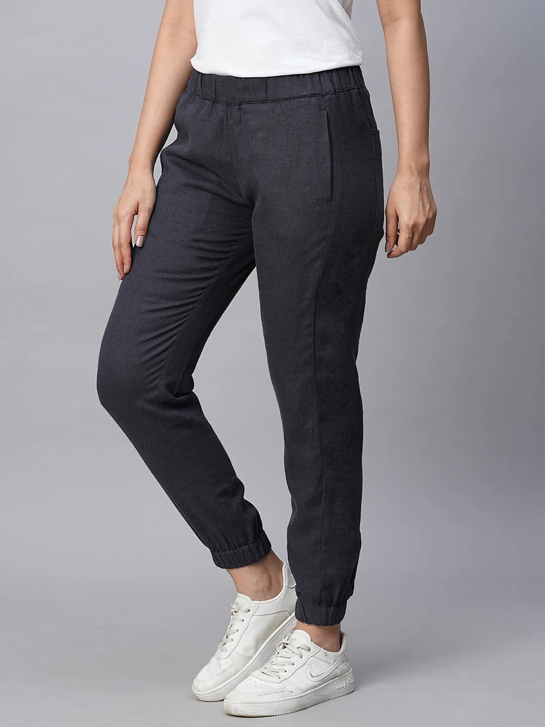 Women's Navy Linen Viscose Jogger Pant