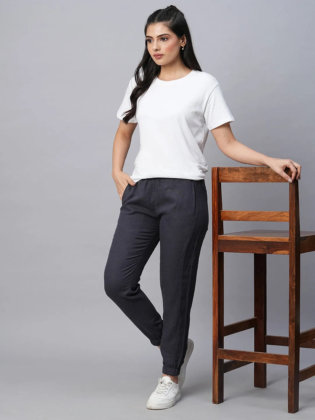 Women's Navy Linen Viscose Jogger Pant