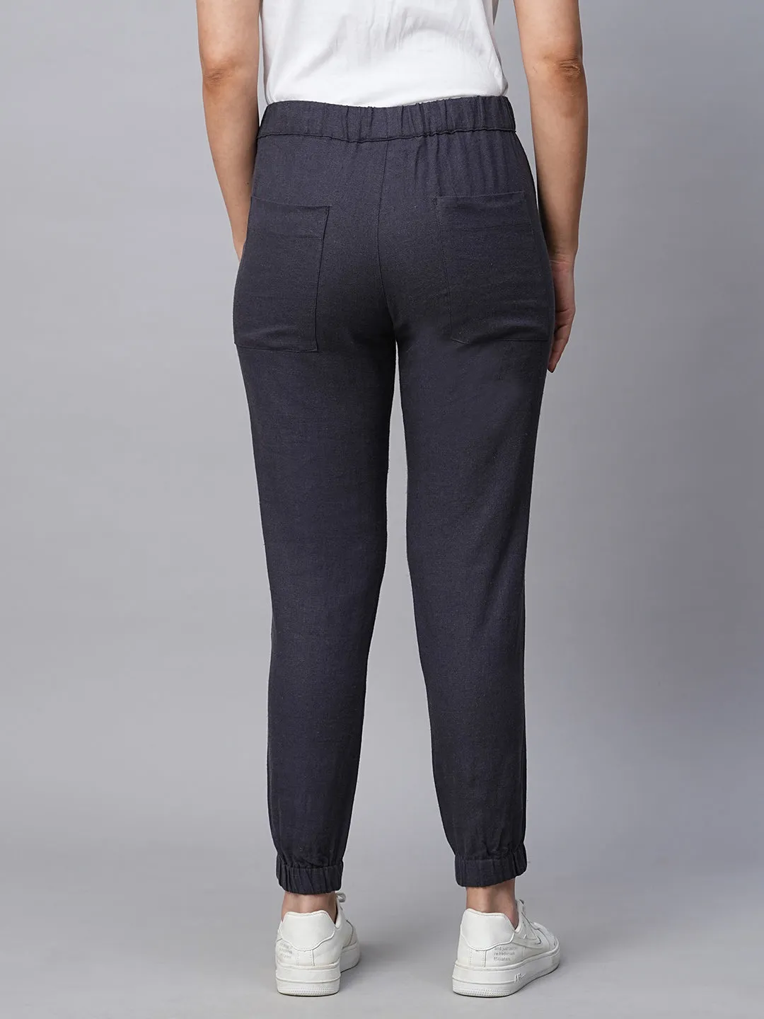 Women's Navy Linen Viscose Jogger Pant