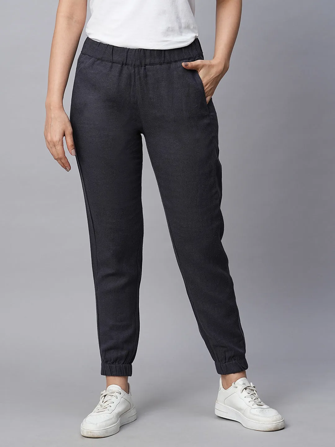 Women's Navy Linen Viscose Jogger Pant